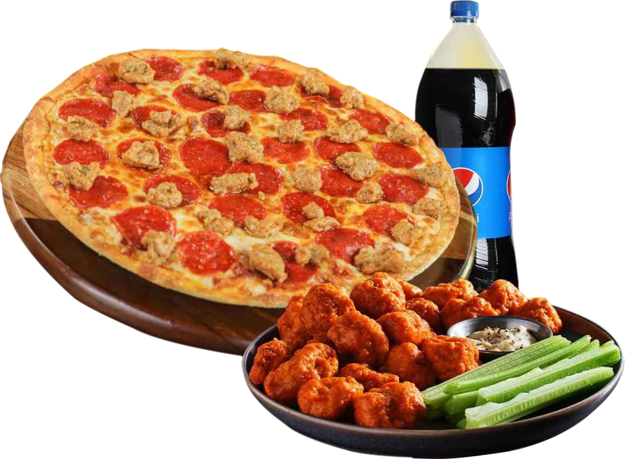 3-pizza Pizza with pepperoni and sausage, wings with celery and dip, and a bottle of soda.