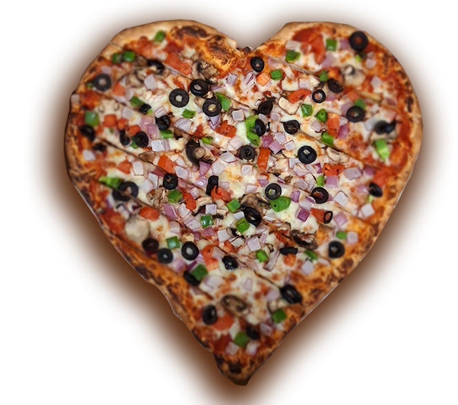heart Heart-shaped vegetarian pizza with olives, mushrooms, onions, peppers, and tomatoes.