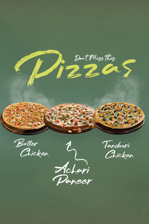 pizza-mobile1 Butter Chicken, Achari Paneer, and Tandoori Chicken pizzas on wooden boards. "Don't Miss this Pizzas