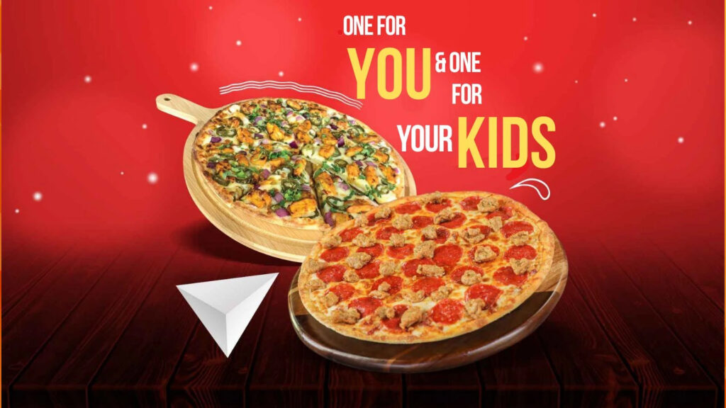Two pizzas, one for you and one for your kids, on wooden boards.