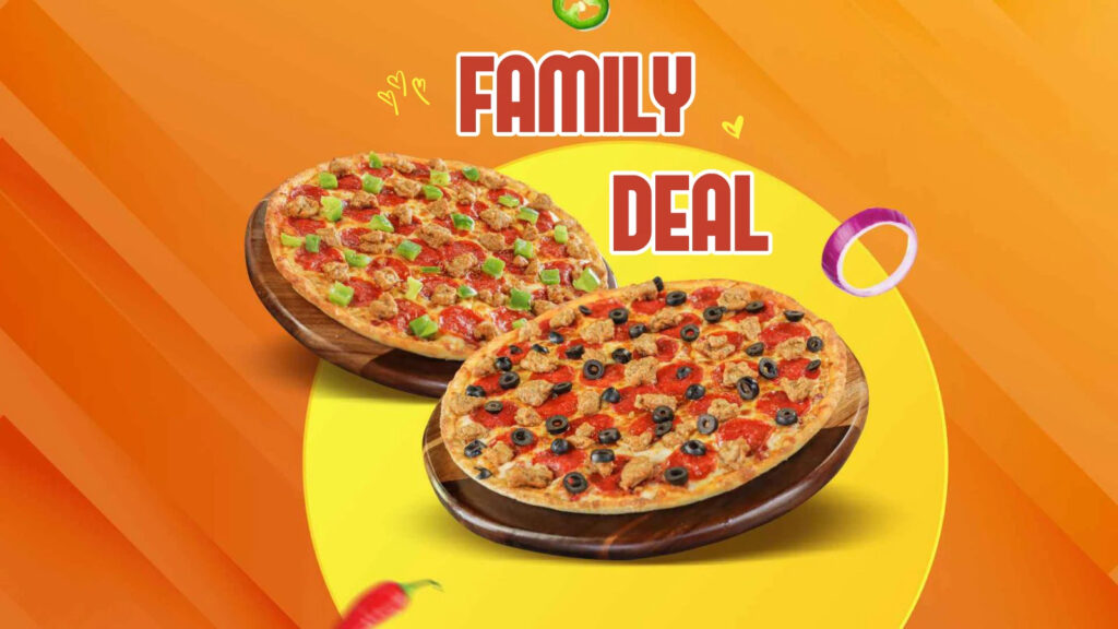 Two pizzas with toppings on wooden boards. "Family Deal" text overlay.