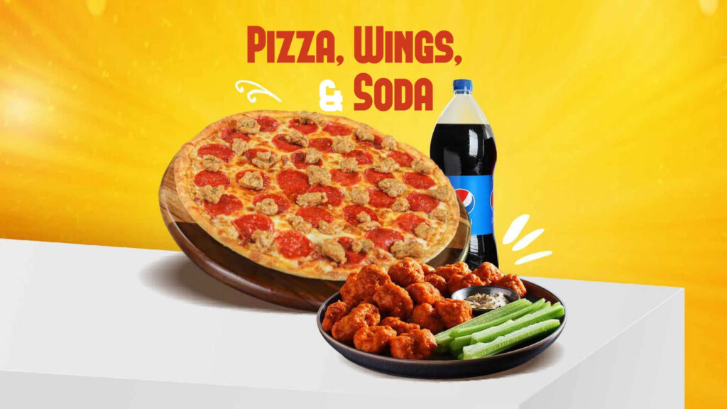 Pizza, wings, and soda: A delicious meal