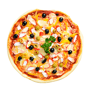 Seafood pizza with olives, yellow peppers, and crab sticks, garnished with parsley.