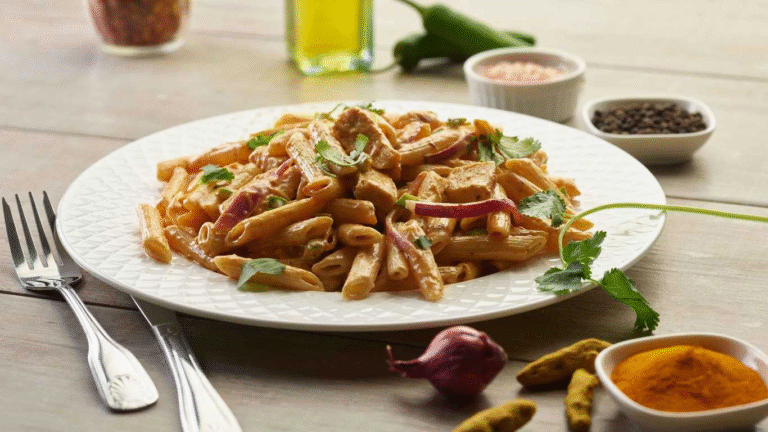 Butter chicken pasta on a white plate, garnished with cilantro and red onion.
