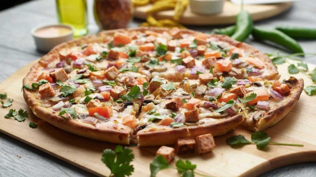 Tandoori Veggie Pizza with tofu, tomatoes, red onion, mushrooms, and cilantro on a wooden board.