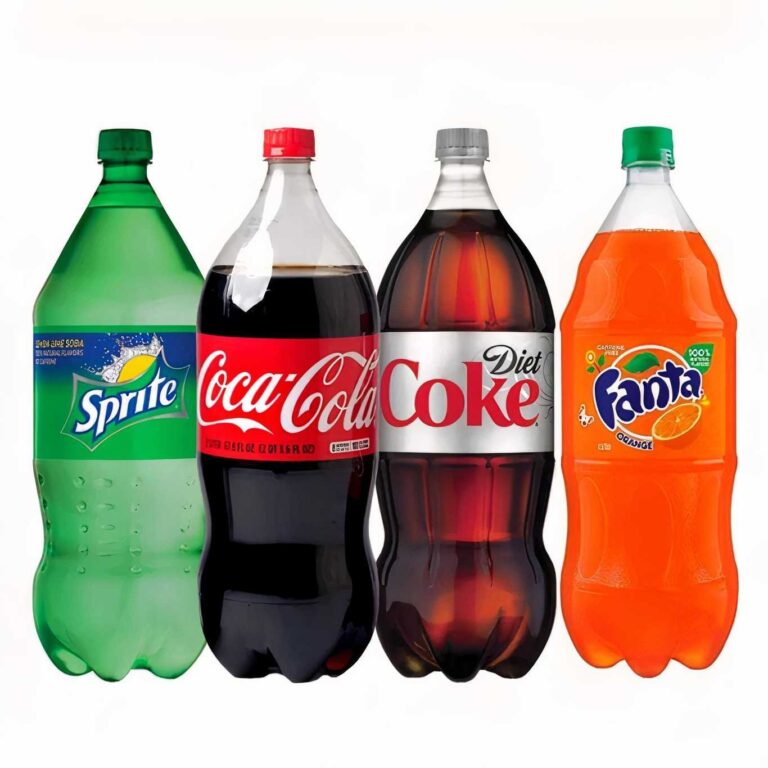 Four 2L soda bottles: Sprite, Coca-Cola, Diet Coke, and Fanta.