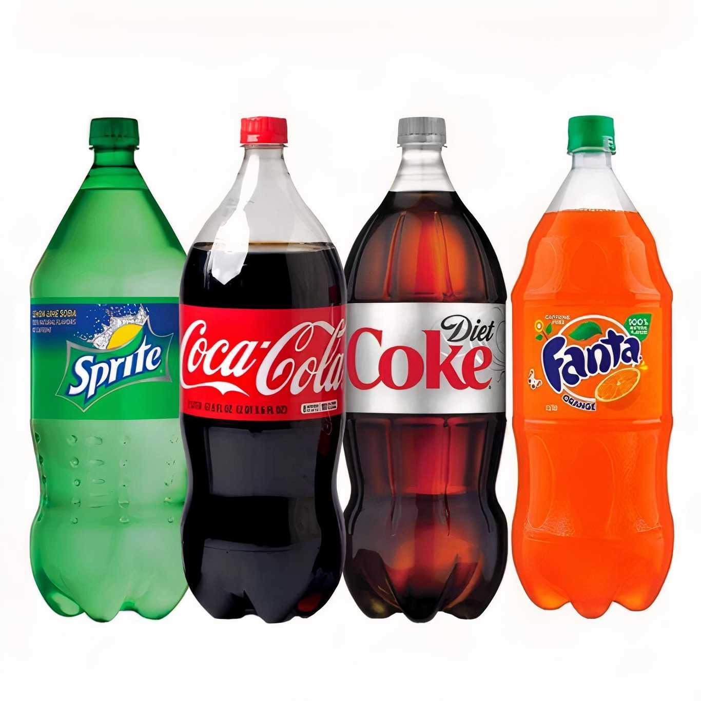 Four 2L soda bottles: Sprite, Coca-Cola, Diet Coke, and Fanta.