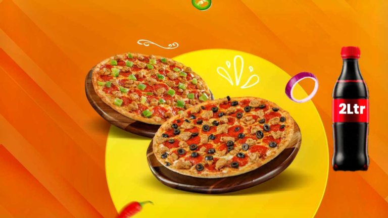 Pizza party deal: Two pizzas with pepperoni, olives, and peppers, plus a 2-liter soda.
