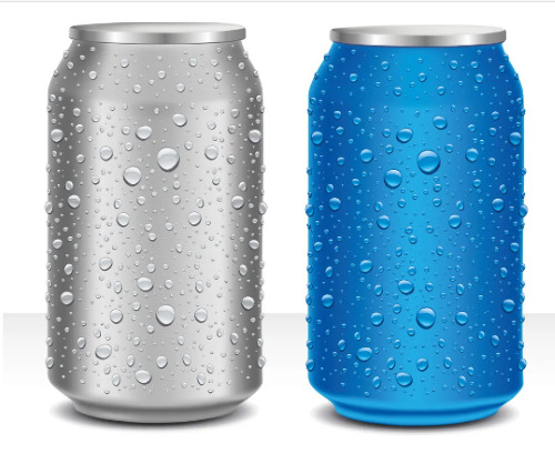 Two soda cans, one silver and one blue, covered in condensation droplets.