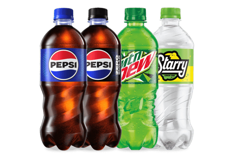 Four 20oz soda bottles: Pepsi, Pepsi Zero Sugar, Mountain Dew, and Starry lemon lime.