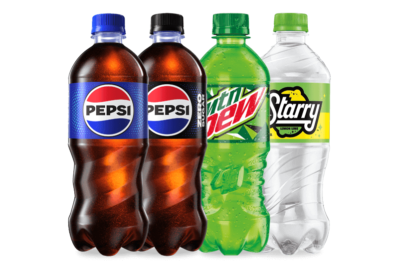 Four 20oz soda bottles: Pepsi, Pepsi Zero Sugar, Mountain Dew, and Starry lemon lime.