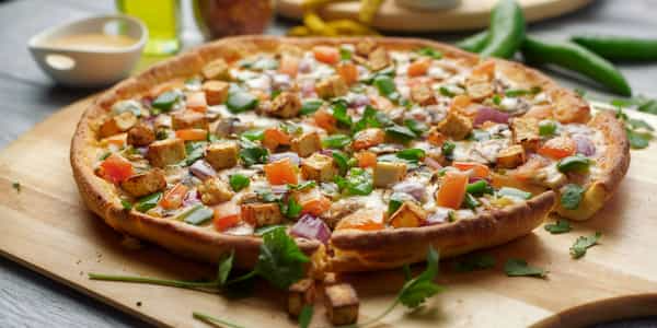 Butter Paneer Pizza: Delicious homemade pizza topped with paneer, peppers, and fresh herbs on a wooden board.