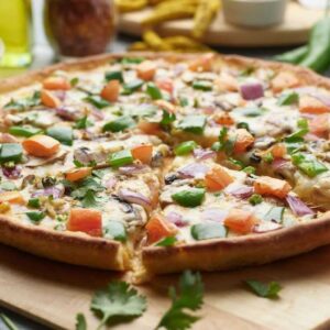 Tikka Masala Veggie Pizza with colorful toppings on a wooden board, ready to eat.