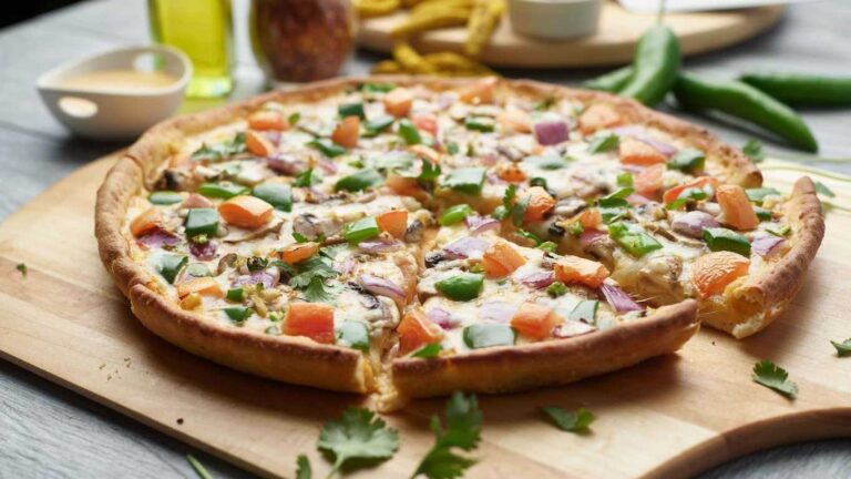 Tikka Masala Veggie Pizza with colorful toppings on a wooden board, ready to eat.