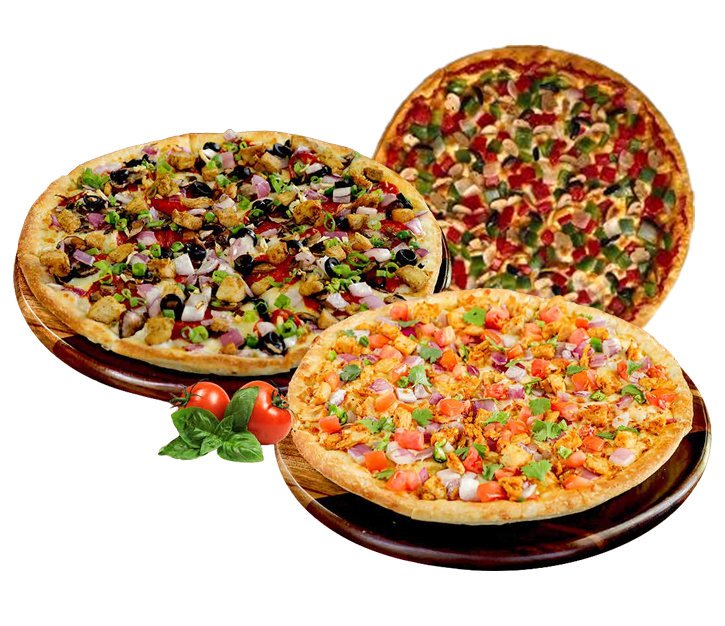 Three delicious pizzas with various toppings, including vegetables and chicken, on wooden boards.