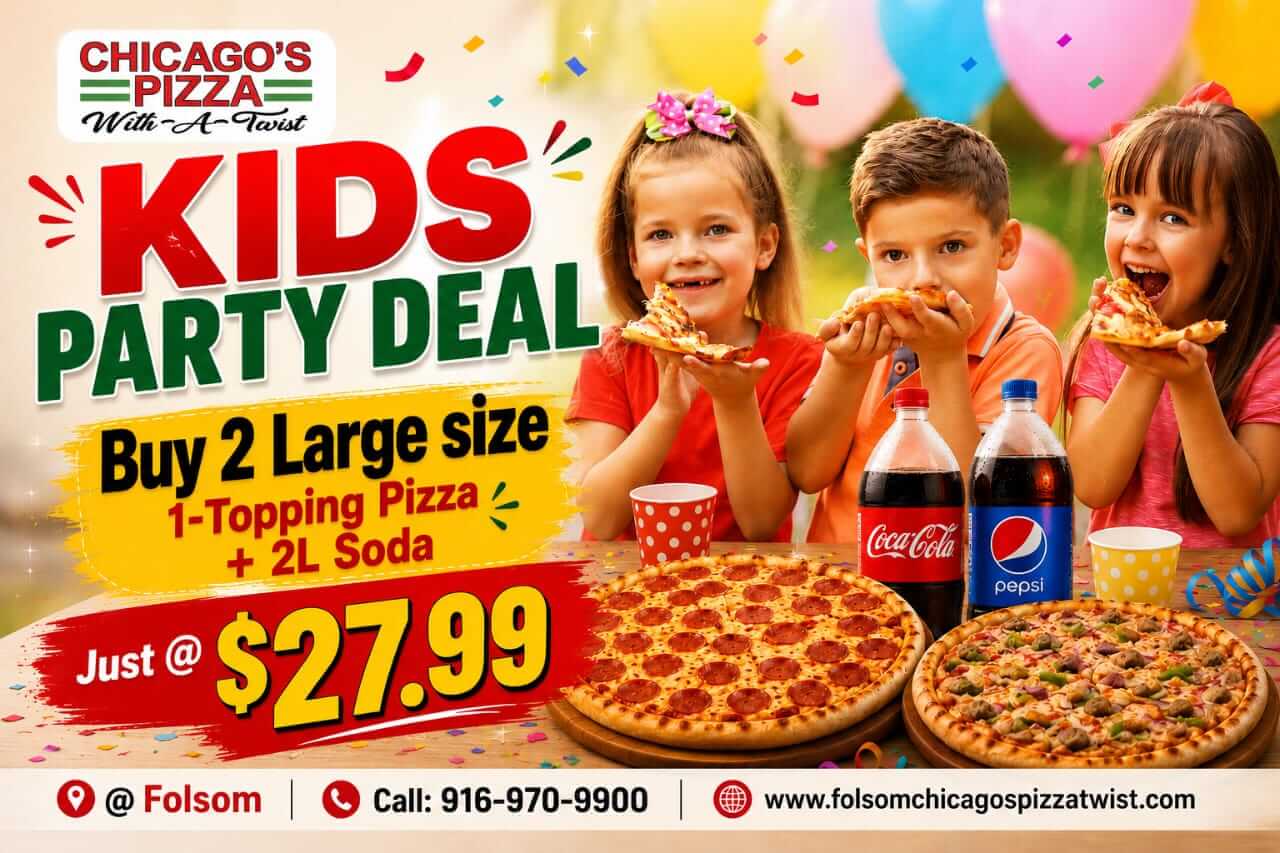 KIds Party Deal - Best Pizza Deal at Chicago's Pizza Twist Folsom https://folsomchicagospizzatwist.com/deals/