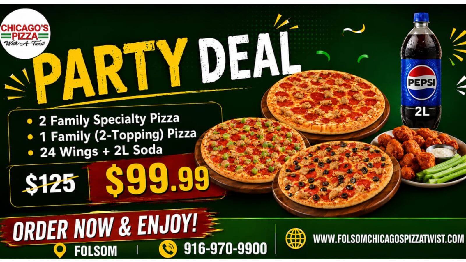 Chicago's Pizza Party Deal: 2 Family size specialty pizzas, 1 family 3 toppings pizza, 24 wings, 2L soda for $99.99