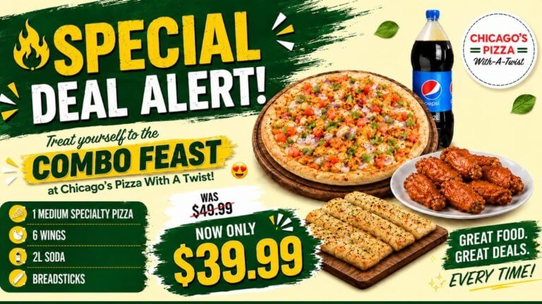 Chicago's Pizza With A Twist combo feast deal: pizza, wings, soda, breadsticks for $39.99.