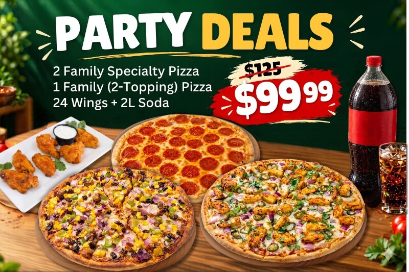 Party Deals: 3 pizzas, wings, and soda for $99.99 in Folsom