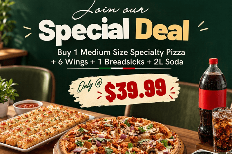 Special Deal: Medium pizza, wings, breadsticks, and soda for $39.99 in Folsom.