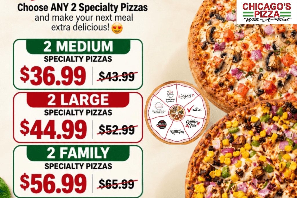 Chicago's Pizza: 2 Large Specialty Pizzas for $44.99, best pizza Folsom