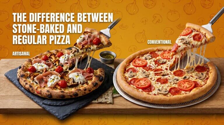 Artisanal stone-baked pizza vs. conventional pizza, showing differences in crust and toppings.