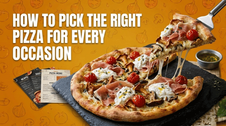 A gourmet pizza with prosciutto and cherry tomatoes, with a menu in the background