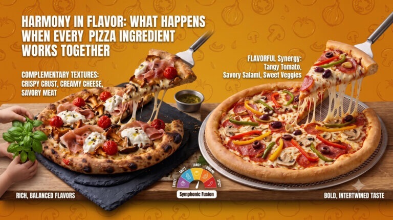 Pizza with ham, mushrooms, and cheese, and another with salami and veggies, showing flavor harmony.