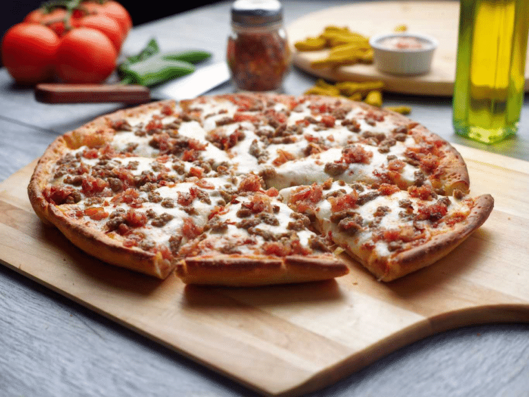 Cheeseburger pizza with ground beef and bacon on a wooden board