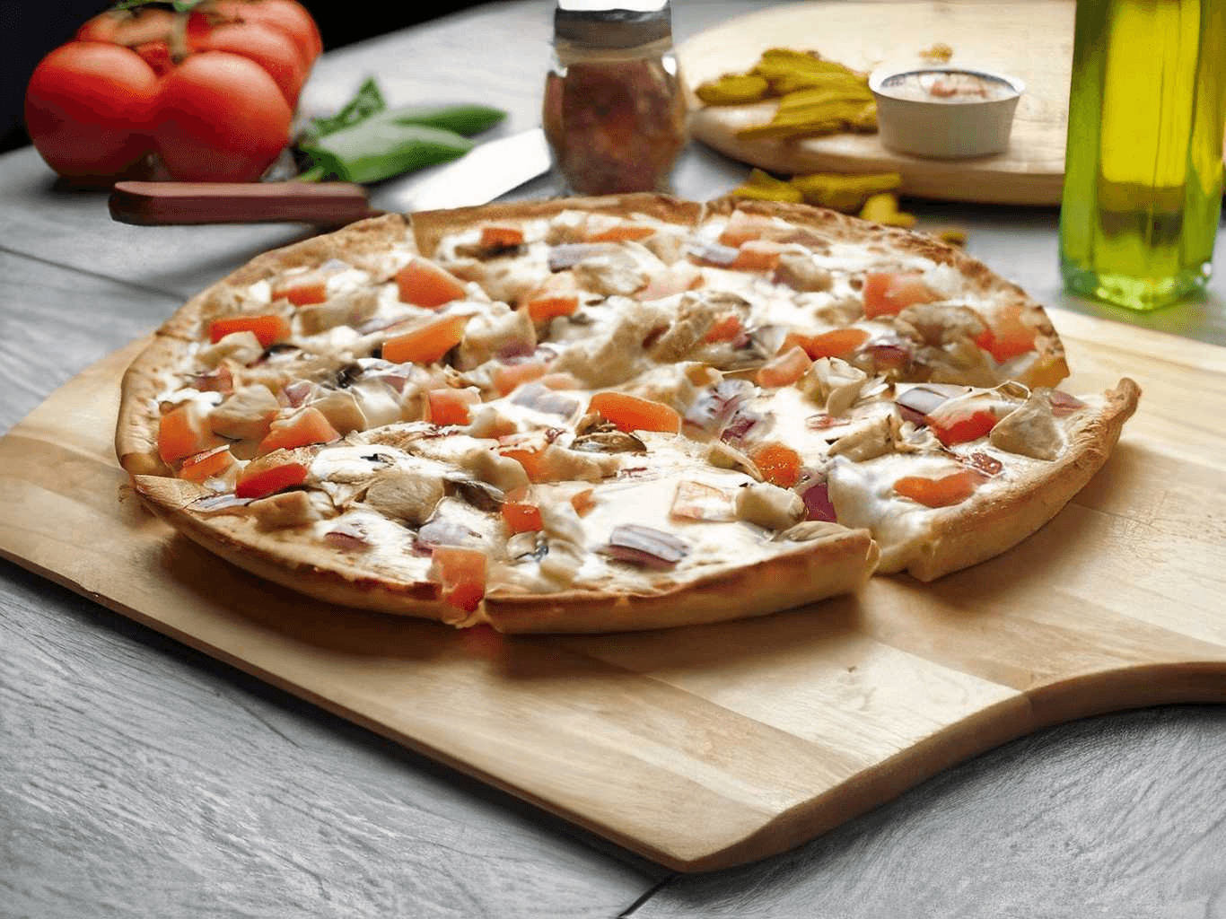 Creamy garlic chicken pizza with tomatoes and red onion on a wooden board