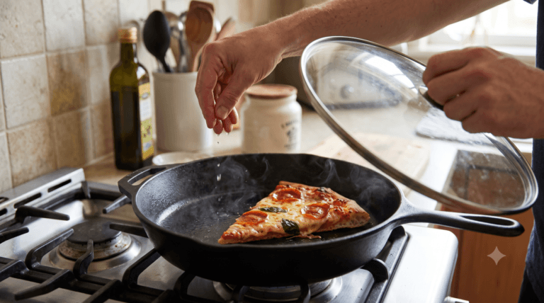 Hand sprinkling seasoning on slice of pepperoni pizza in cast iron skillet