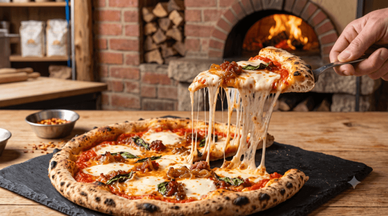 Perfect cheese pull from a freshly baked mozzarella pizza from a wood-fired oven.